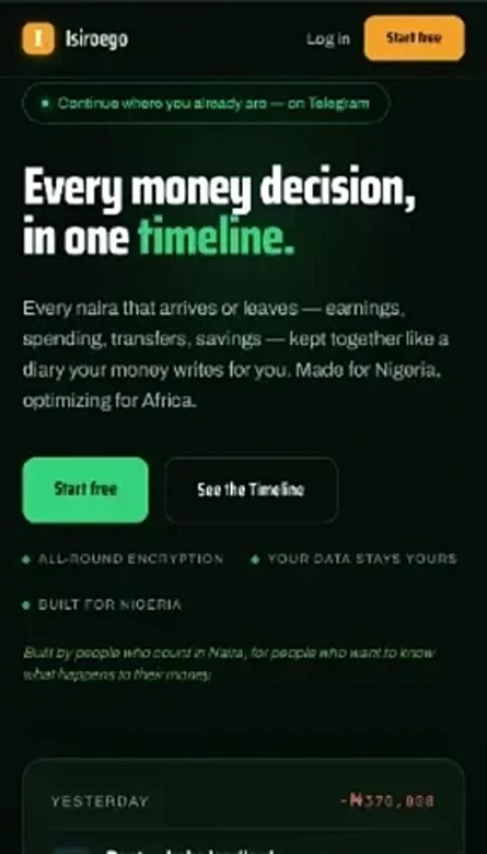 Isiroego on a phone, showing the headline "Every money decision, in one timeline" above a running timeline of transactions.